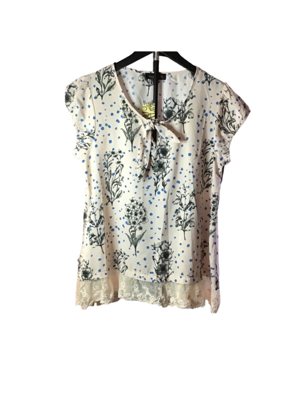 Suzanne Betro Blouse L Beige Blue Floral Polka Dot Lace Hem